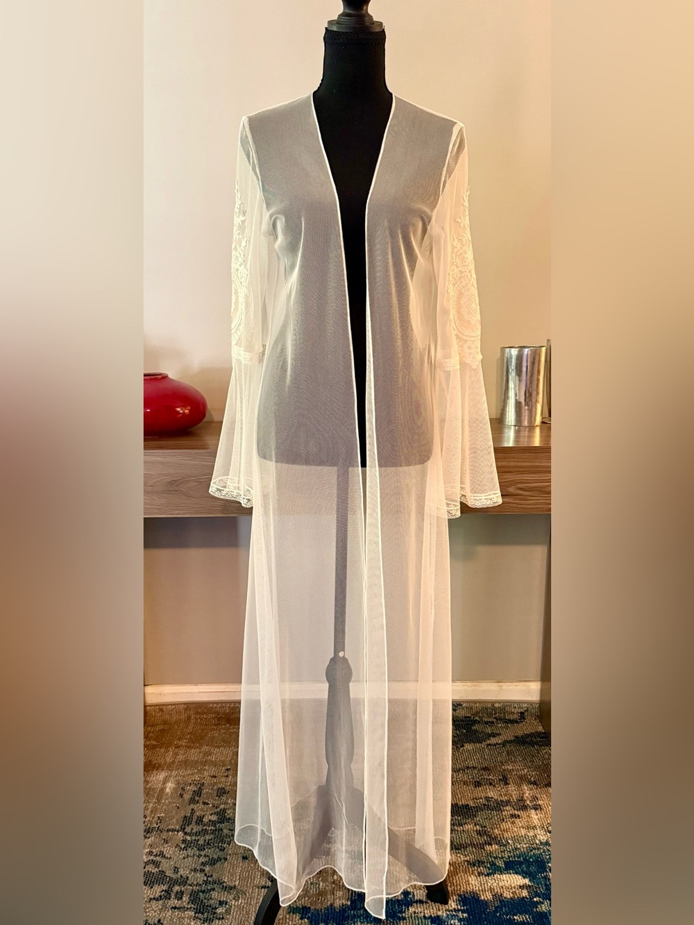 Vintage Jonquil by Diane Samandi Chloe Sheer Mesh Lace Maxi Robe Duster Bridal M